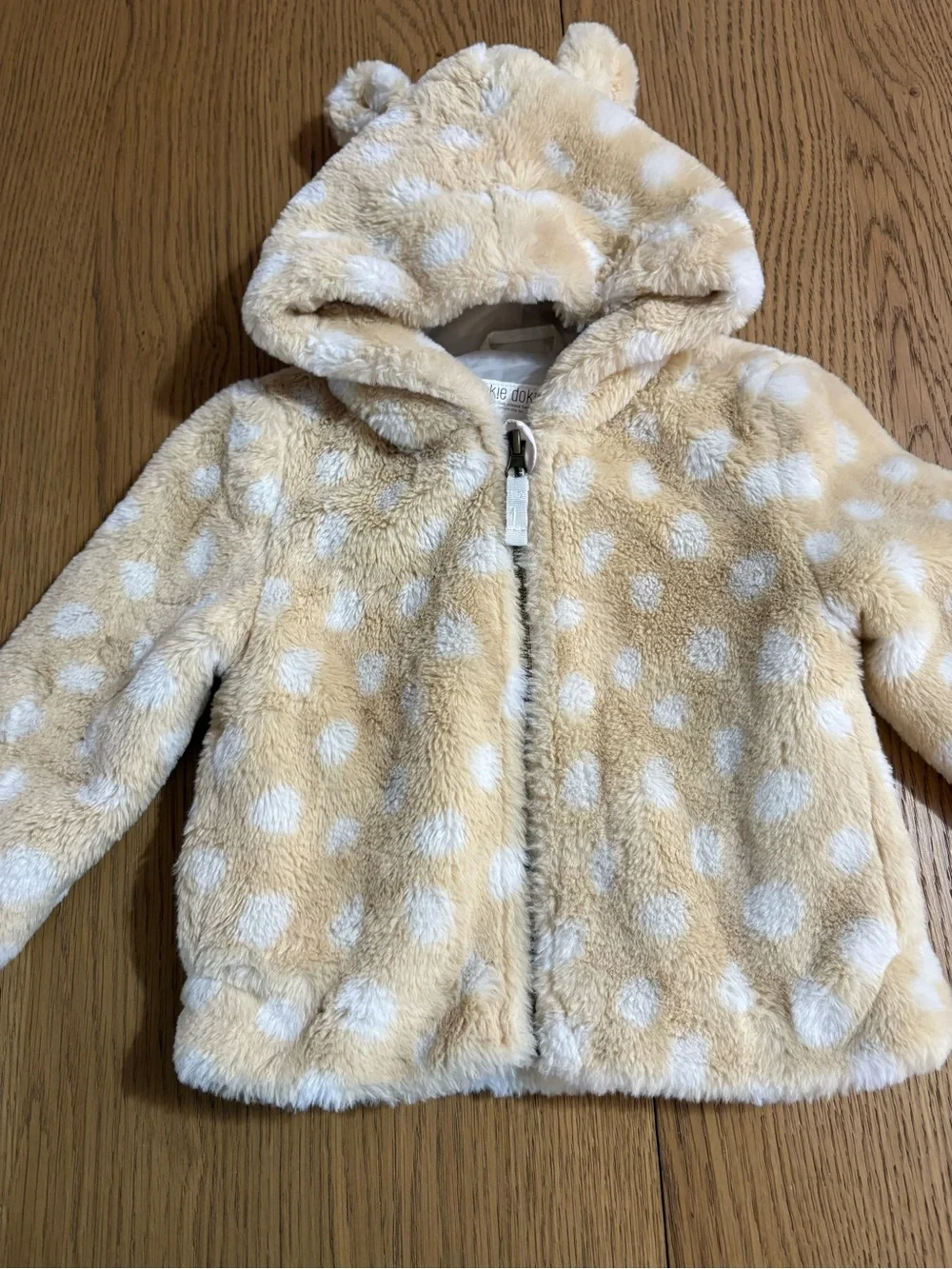 okie dokie Cream Polka Dot Faux-Fur Hooded Jacket with Ears